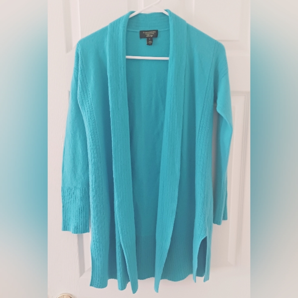 Charter Club Luxury Cashmere Turquoise Long Open Front Shawl Collar Cardigan S